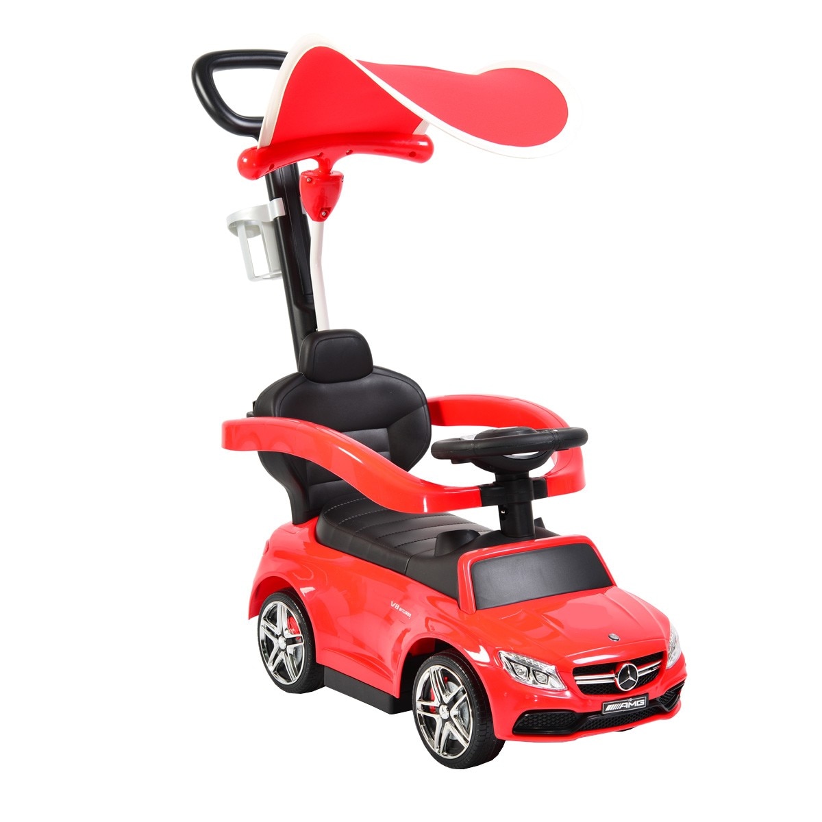 Masinuta copii si bebe NOVOKIDS™ Mercedes C63 AMG V8 Biturbo , cu melodii si sunete, viraj din maner, maner de impins pentru parinti detasabil, copertina de protectie detasabila, functie trotineta fara pedale, pentru interior si exterior, Rosu