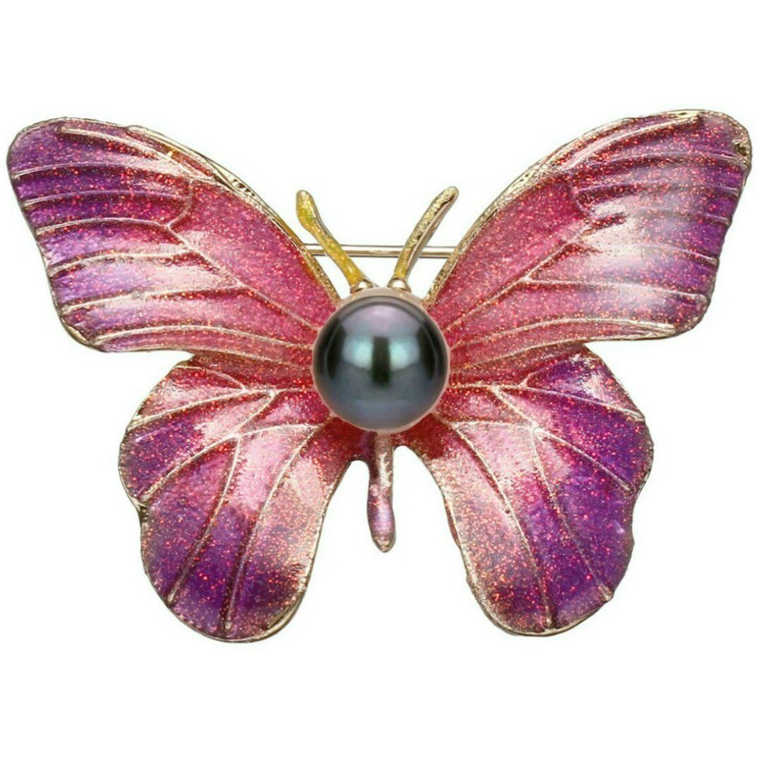 Brosa Pandantiv Fluture Mov cu Perla Naturala Neagra de 8 mm