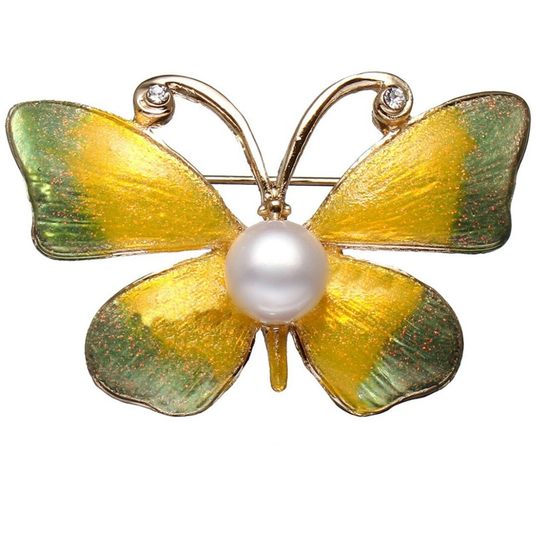 Brosa Pandantiv Fluture Galben cu Perla Naturala Alba de 8 mm