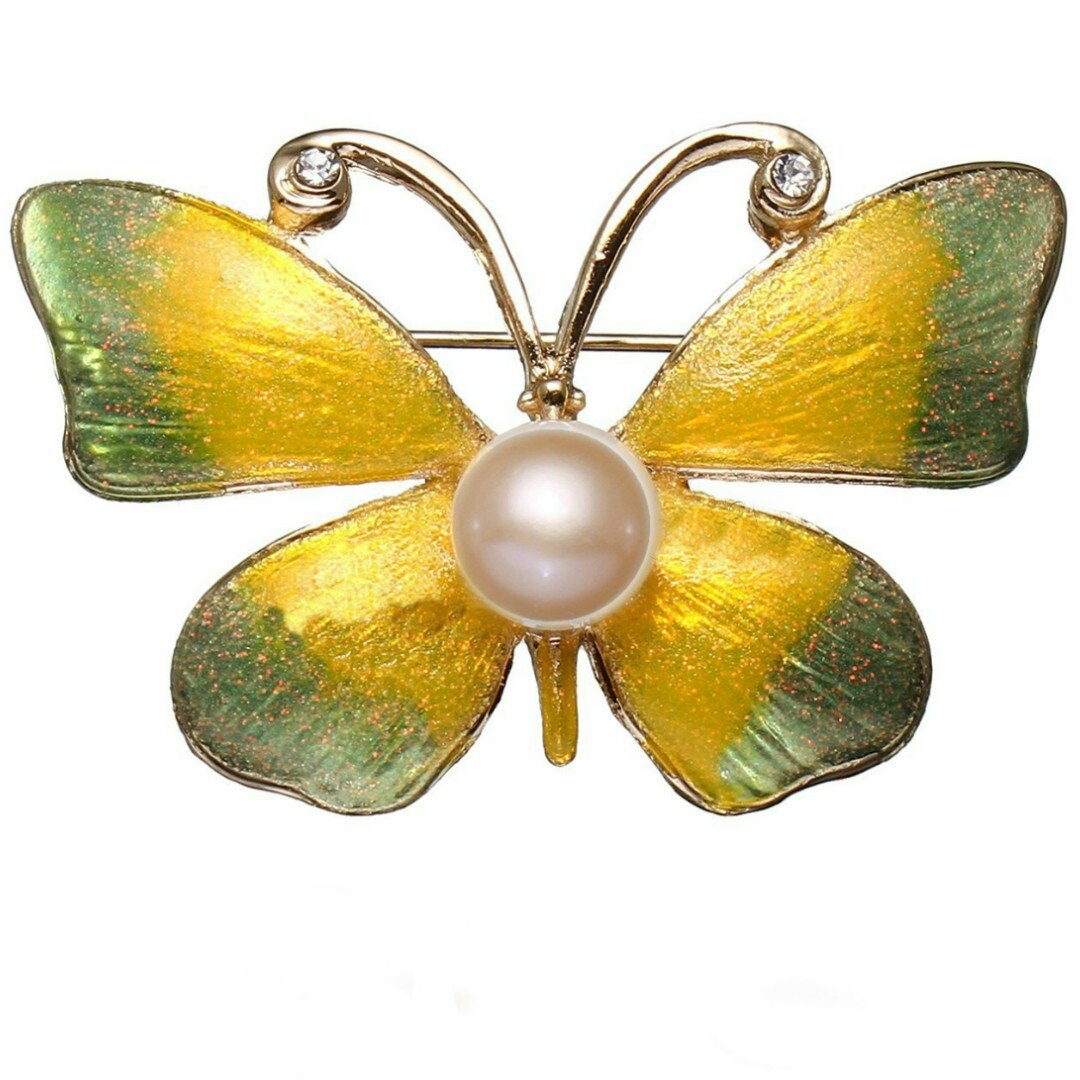 Brosa Pandantiv Fluture Galben cu Perla Naturala Crem de 8 mm