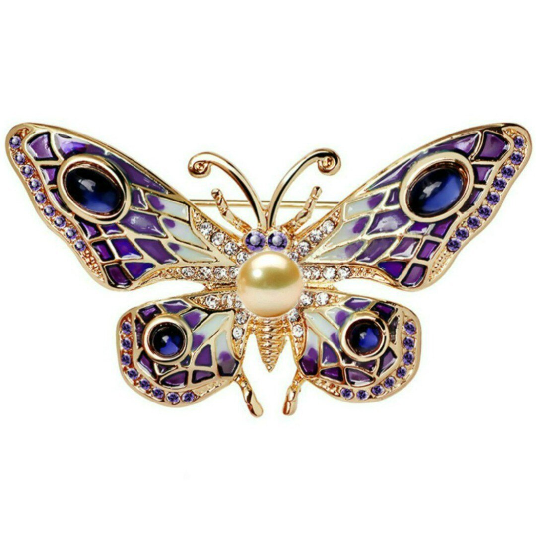 Brosa Pandantiv Fluture Mov Ochi de Pisica cu Perla Naturala Crem de 8 mm