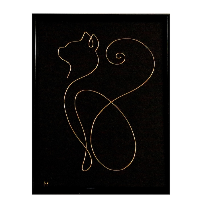 Tablou Pisica Maiestuoasa, sculptura in fir continuu de sarma non-tarnish auriu de 1 mm, rama neagra 15x20 cm, fundal negru