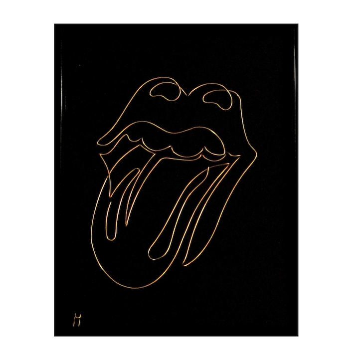 Tablou The Rolling Stones (dupa inkvond), sculptura in fir continuu de sarma non-tarnish auriu de 1 mm, rama neagra 15x20 cm, fundal negru