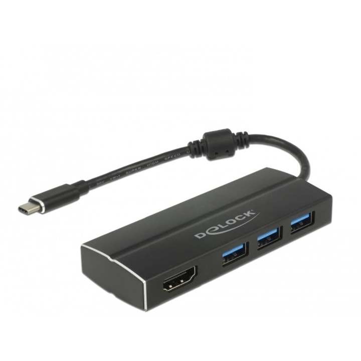 Delock 63931 USB 3.1 Gen 1 > 3x USB3.0-A + HDMI ( DP Alt Mode), fekete adapter