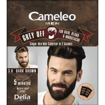 Vopsea pentru par, barba, mustata 5 min Cameleo Men saten inchis 3.0, Delia Cosmetics, 2 plicuri x 15 ml Vopsea pentru par, barba, mustata 5 min Cameleo Men saten inchis 3.0, Delia Cosmetics, 2 plicuri x 15 ml