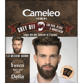 Vopsea pentru par, barba, mustata 5 min Cameleo Men saten mediu 4.0, Delia Cosmetics, 2 plicuri x 15 ml Vopsea pentru par, barba, mustata 5 min Cameleo Men saten mediu 4.0, Delia Cosmetics, 2 plicuri x 15 ml