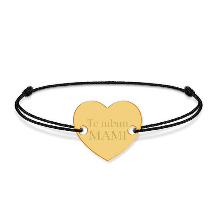 Bratara din snur negru cu talisman din argint 925 placat cu aur 24k, Inimioara, Te iubim mami, BijuBOX, 15 + 4 cm, Cutiuta inclusa