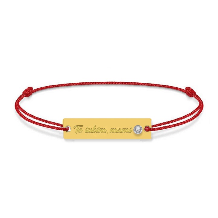 Bratara din snur rosu cu talisman din argint 925 placat cu aur 24k si Cristale, Te iubim mami, BijuBOX, 15 + 4 cm, Cutiuta inclusa