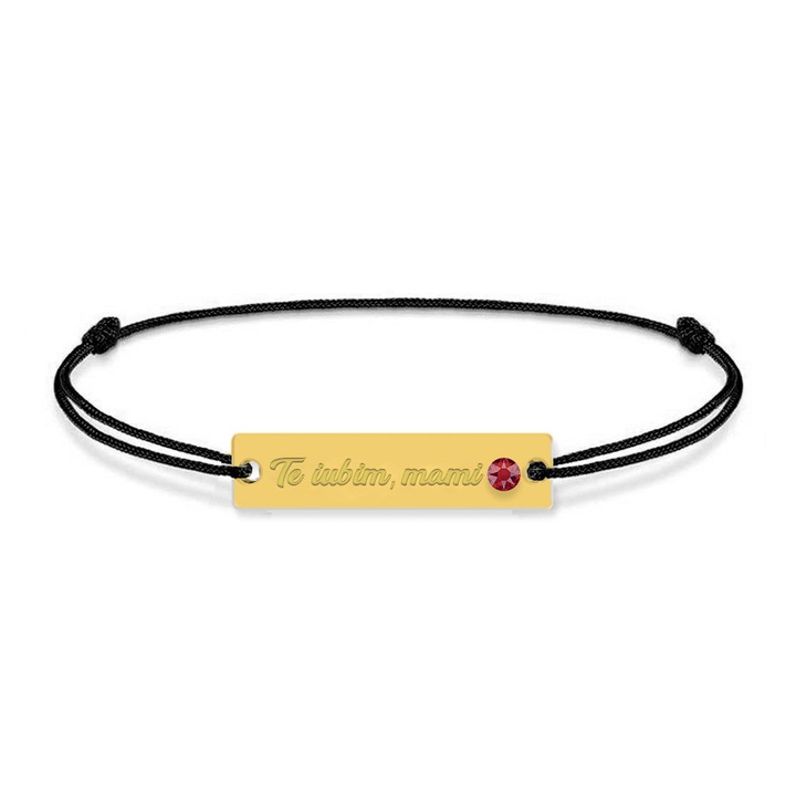 Bratara din snur negru cu talisman din argint 925 placat cu aur 24k si Cristale, Te iubim mami, BijuBOX, 15 + 4 cm, Cutiuta inclusa