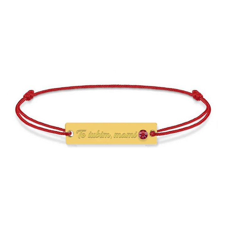 Bratara din snur rosu cu talisman din argint 925 placat cu aur 24k si Cristale, Te iubim mami, BijuBOX, 15 + 4 cm, Cutiuta inclusa