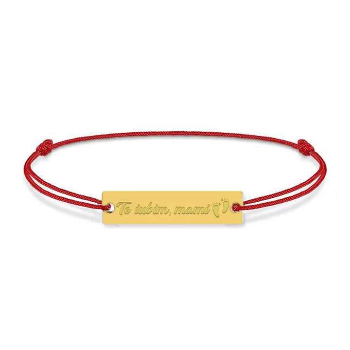 Bratara din snur rosu cu talisman din argint 925 placat cu aur 24k, Te iubim mami, BijuBOX, 15 + 4 cm, Cutiuta inclusa