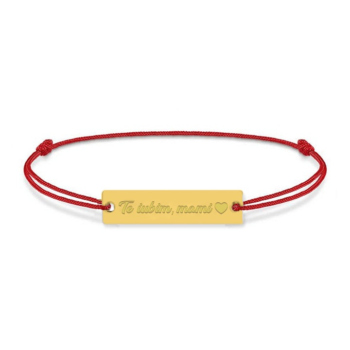 Bratara din snur rosu cu talisman din argint 925 placat cu aur 24k, Te iubim mami, BijuBOX, 15 + 4 cm, Cutiuta inclusa