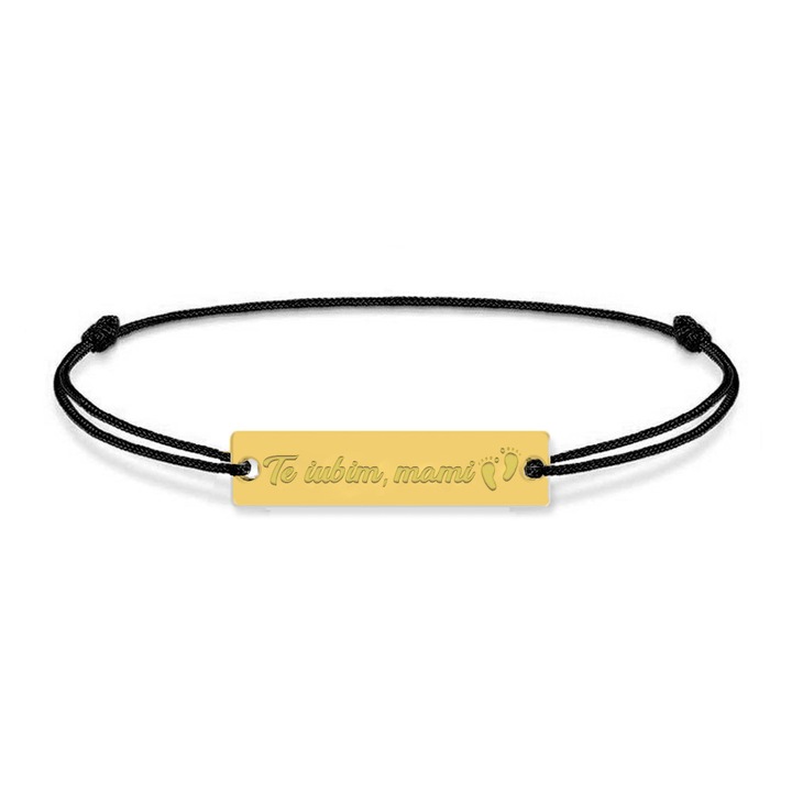 Bratara din snur negru cu talisman din argint 925 placat cu aur 24k, Placuta, Te iubim mami, BijuBOX, 15 + 4 cm, Cutiuta inclusa