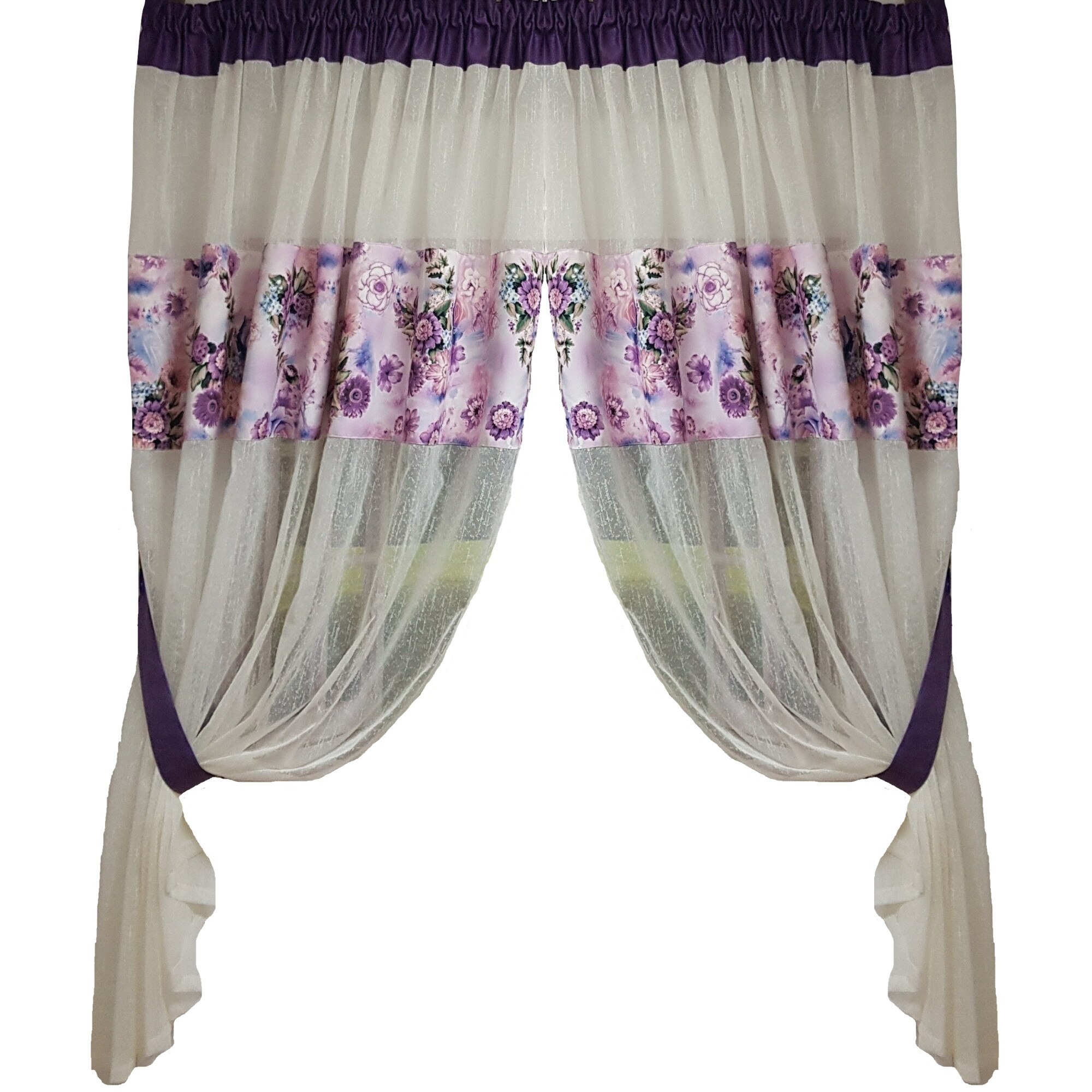 Perdea Decorint confectionata (PB.504), Ivory (unt), model floral, 300 x 150