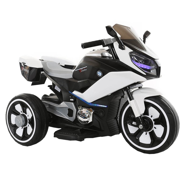 Motocicleta Electrica cu Acumulator Pentru Copii NOVOKIDS™ Cairo Motor, 3-8 ani, max 30 kg, Functie Bluetooth, Cu Sunete si Melodii, 3 Roti, Volum reglabil, Alb cu Negru
