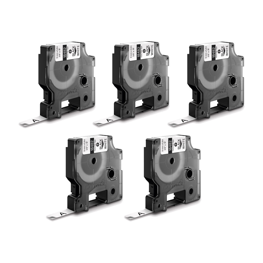 Etichete DYMO DY18482 ID1, poliester permanent, 9mm x 5.5m, negru/alb x 5 buc, 18482