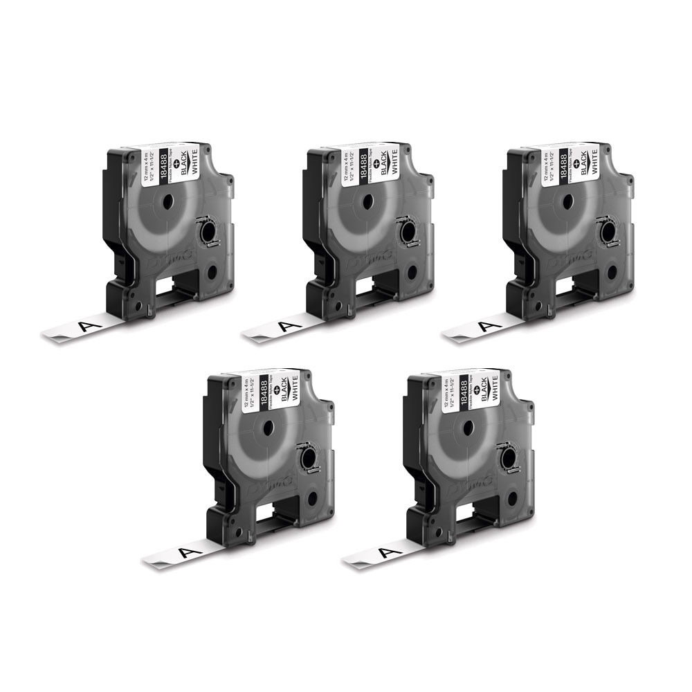 Etichete industriale autocolante, DYMO ID1, nailon flexibil, 12mm x 3.5m, negru/alb x 5 buc, 18488 S0718100