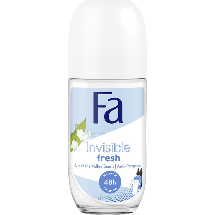 Дезодорант roll-on против изпотяване Fa Invisible Fresh аромат на момина сълза, Веган формула, 50 мл