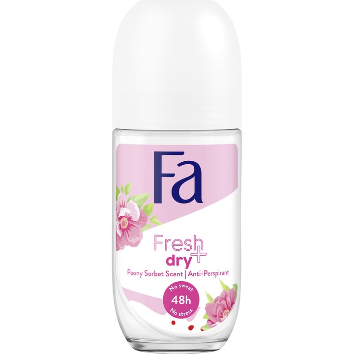 Дезодорант roll-on против изпотяване Fa Fresh & Dry аромат на божури, Веган формула, 50 мл