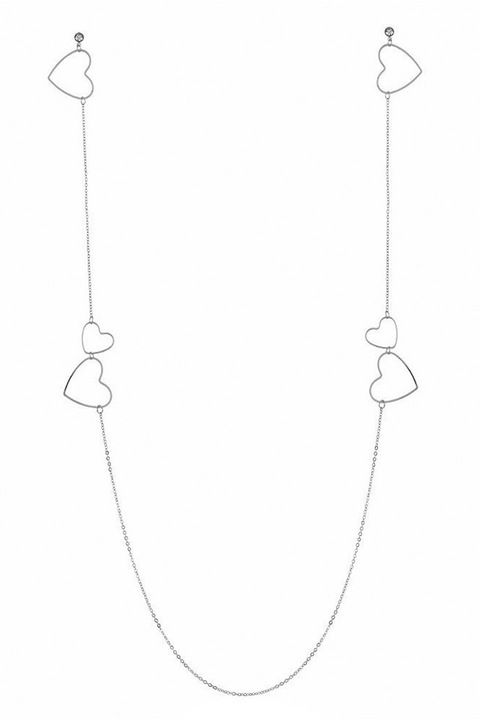 Cercei Deosebiti, cu cristale si inimioare, legati intre ei cu lantisor lung, Argintiu