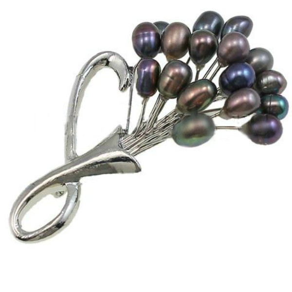 Brosa Pandantiv Buchet de Flori cu Perle Naturale Negre