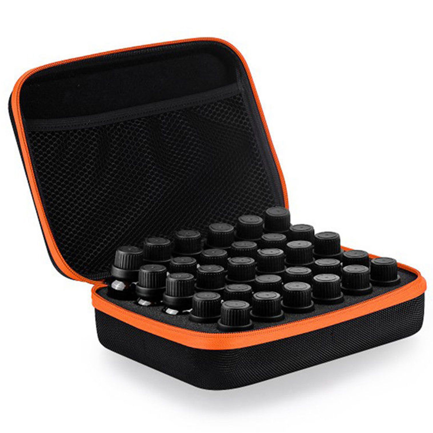 Organizator tip geanta ZAJA®, pentru 30 de sticle de uleiuri esentiale (5ml, 10ml, 15ml), fermoar portocaliu
