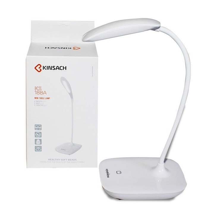 Настолна лампа Led Kinsach KS188A, USB порт, 3 степени за сила на светлина, Бял, Квадрат