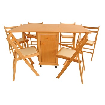 Masa plianta cu usa si sertar + 6 scaune pliante din lemn masiv fag Masa plianta cu usa si sertar + 6 scaune pliante din lemn masiv fag