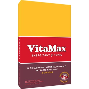 Supliment alimentar Vitamax, complex de vitamine, minerale si extract de ginseng, 15 capsule Supliment alimentar Vitamax, complex de vitamine, minerale si extract de ginseng, 15 capsule