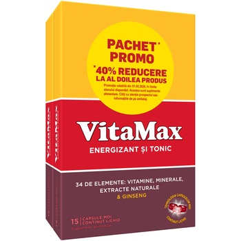 Supliment alimentar Vitamax, complex de vitamine, minerale si extract de ginseng, 2 x 15 capsule Supliment alimentar Vitamax, complex de vitamine, minerale si extract de ginseng, 2 x 15 capsule