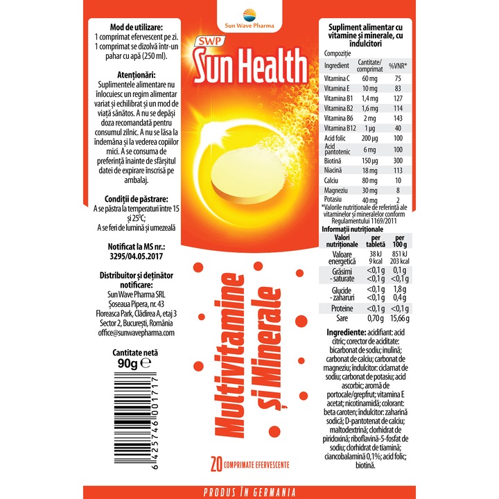 Sun Health Multivitamine și Minerale, Sun Wave Pharma, 20 comprimate efervescente