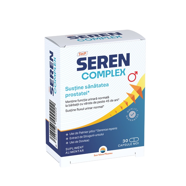 Seren Complex, Sun Wave Pharma, Extract de Palmier-pitic pentru menținerea sănătății prostatei și a tractului urinar, ulei din semințe de dovleac, extract de Strugurii-ursului, 30 capsule