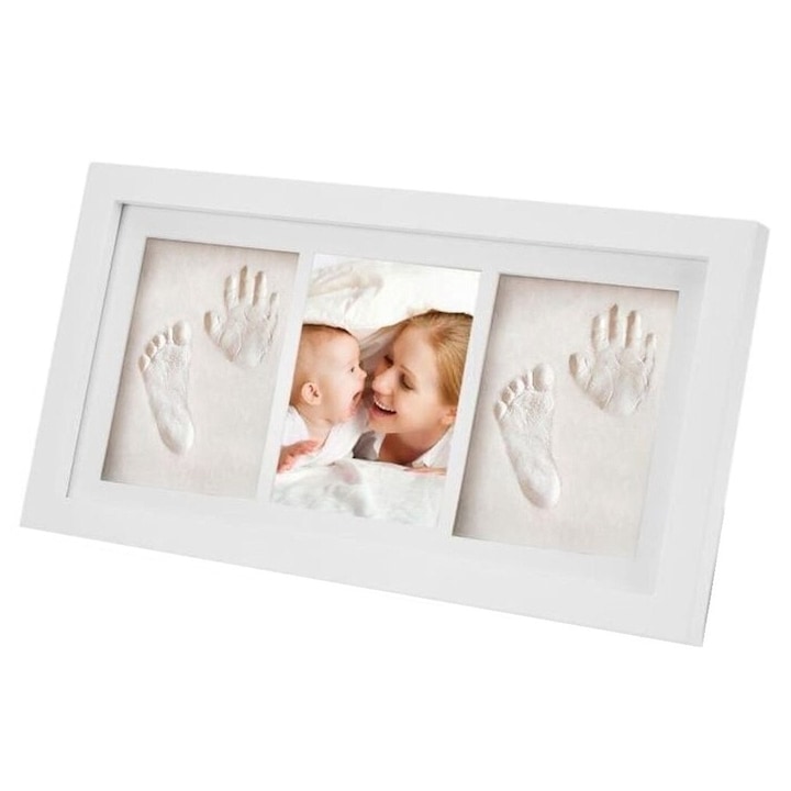 Tablou cu rama foto si 2 amprente, cu plastilina, tip mulaj maini si picioare, pentru copii mici/bebe