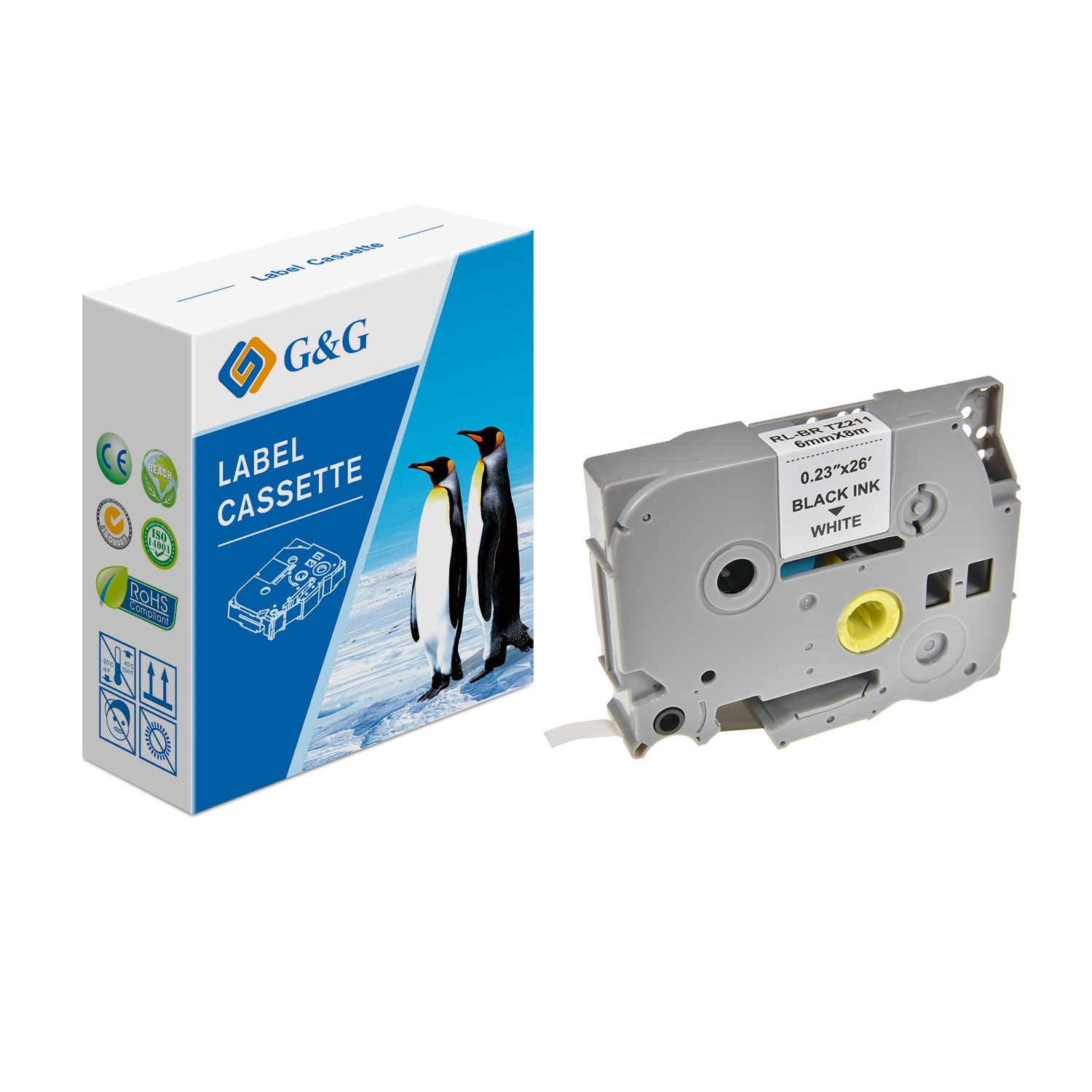 Banda Etichete G&G compatibil cu Brother TZE211, 6mm x 8m, black on white