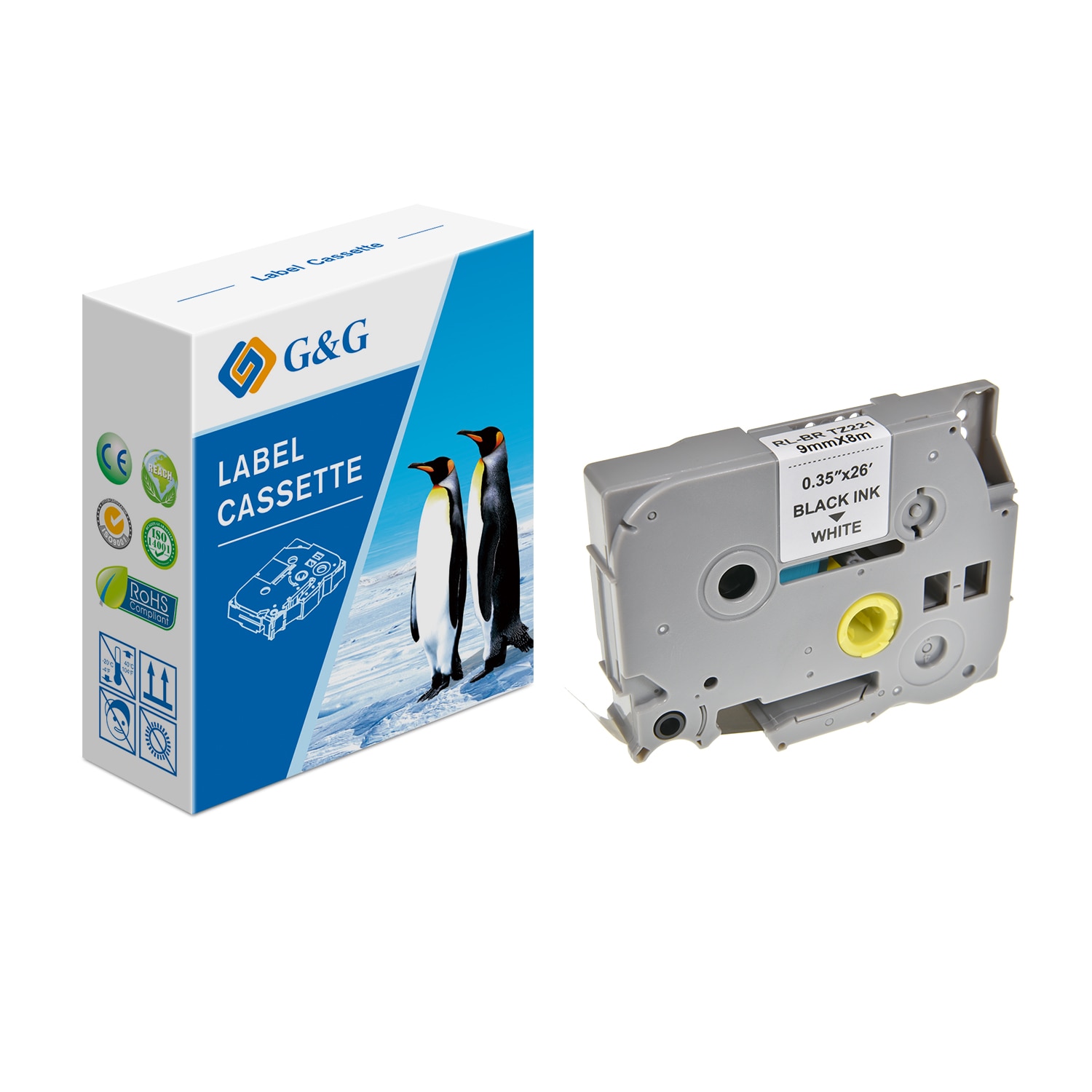 Banda Etichete G&G compatibil cu Brother TZE221, 9mm x 8m, black on white