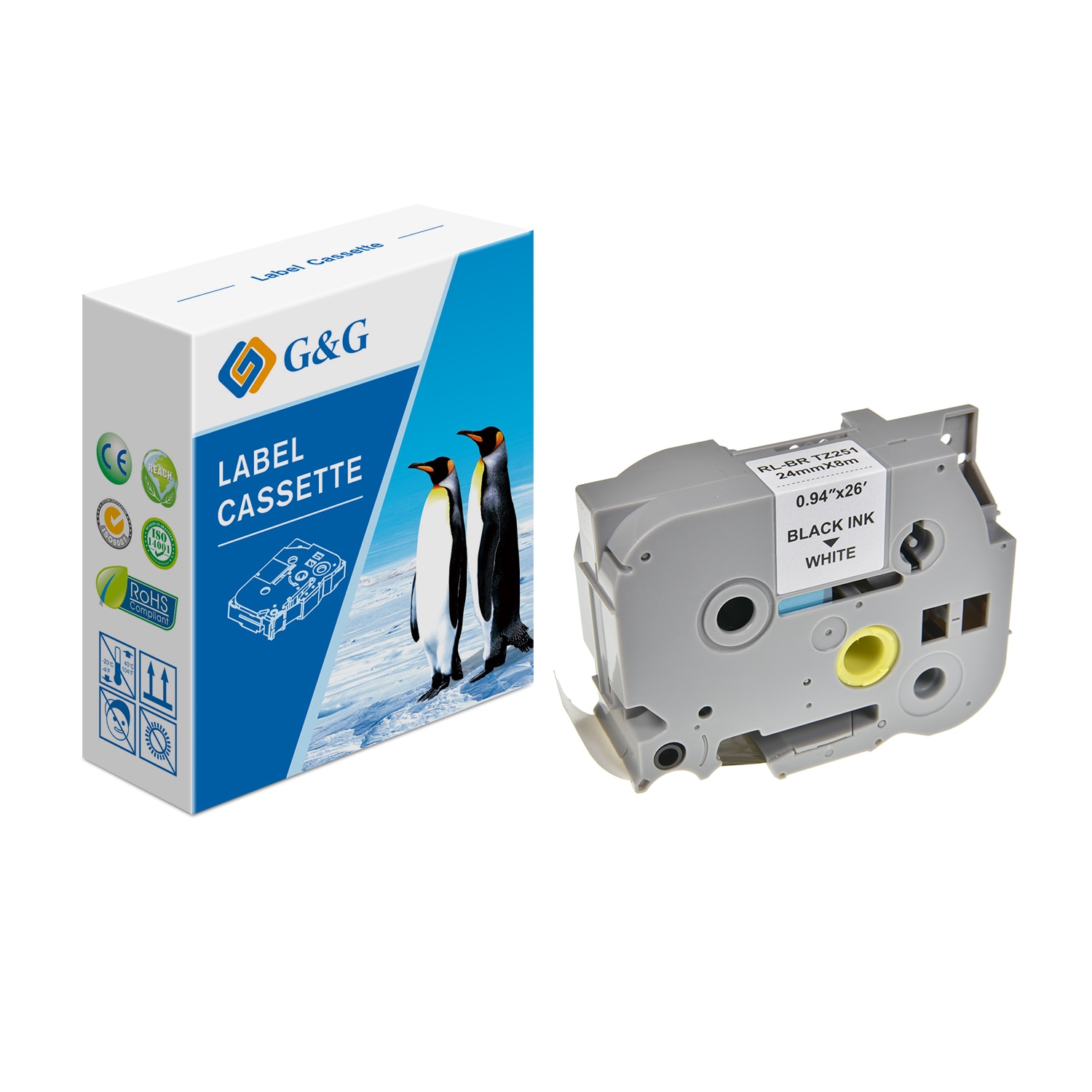 Banda Etichete G&G compatibil cu Brother TZE251, 24mm x 8m, black on white