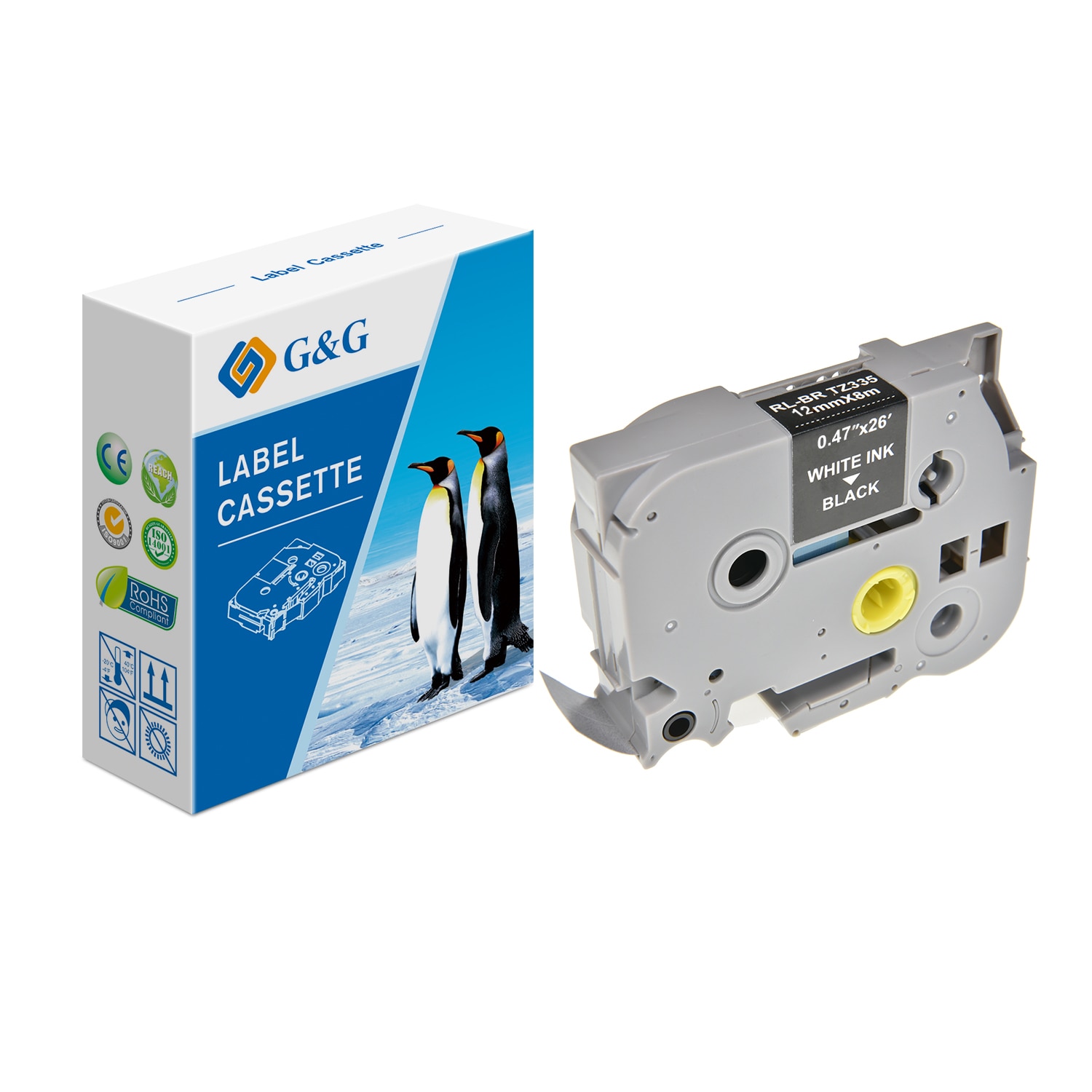 Banda Etichete G&G compatibil cu Brother TZE335, 12mm x 8m, white on black