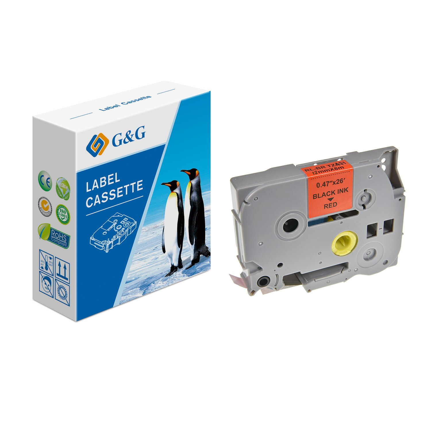 Banda Etichete G&G compatibil cu Brother TZE431, 12mm x 8m, black on red