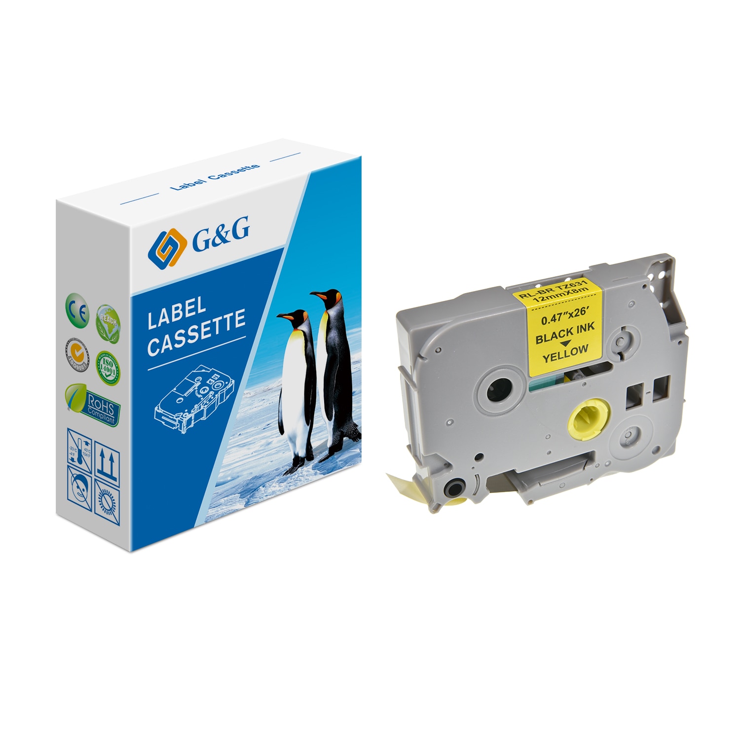 Banda Etichete G&G compatibil cu Brother TZE631, 12mm x 8m, black on yellow