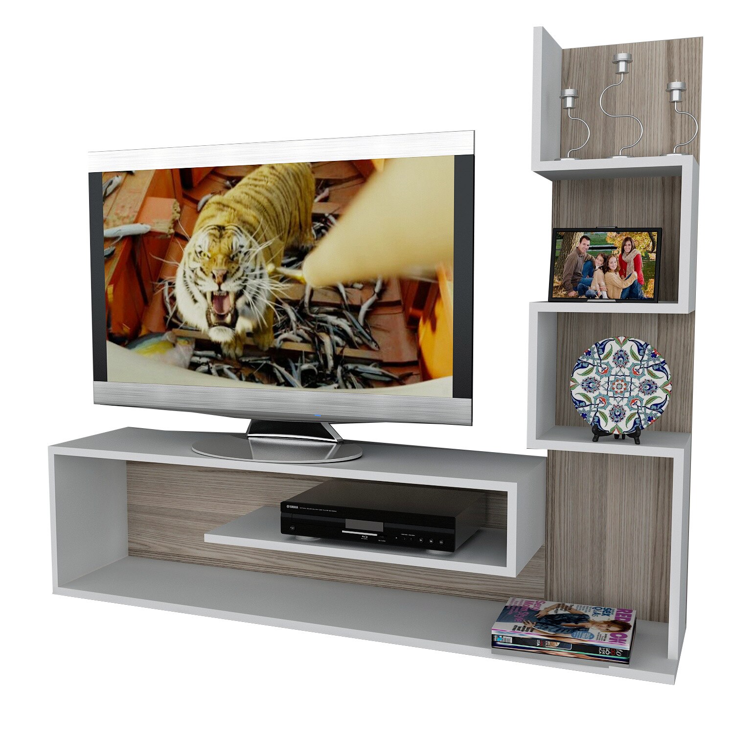 Comoda TV Wooden Art, 149.5 x 120.8 x 29.5 cm, Dx, Alb/finisaj mesteacan