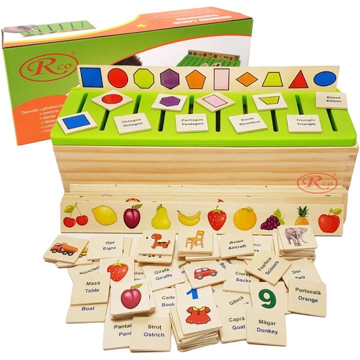 Joc Montessori RCO® in limba romana/engleza, de clasificare, sortare si asociere, 88 piese, din lemn, WD9501