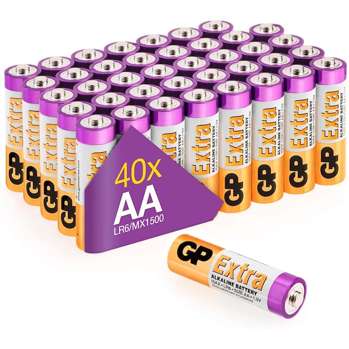 Baterii alcaline GP-Batteries Extra Alcaline AA, LR6, set 40 bucati, 1.5 V, zero mercur, zero cadmium