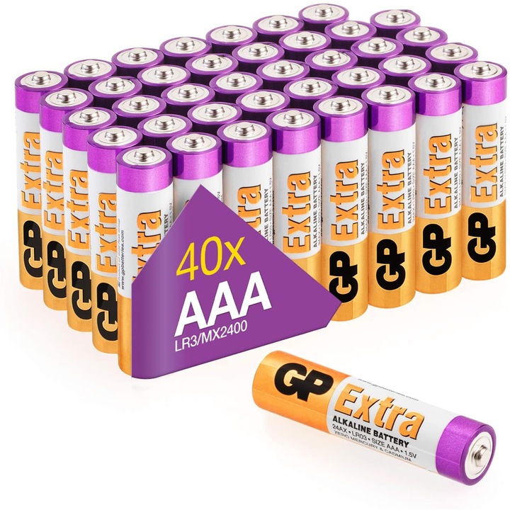 Baterii alcaline GP-Batteries Extra Alcaline AAA, LR3, set 40 bucati, 1.5 V, zero mercur, zero cadmium