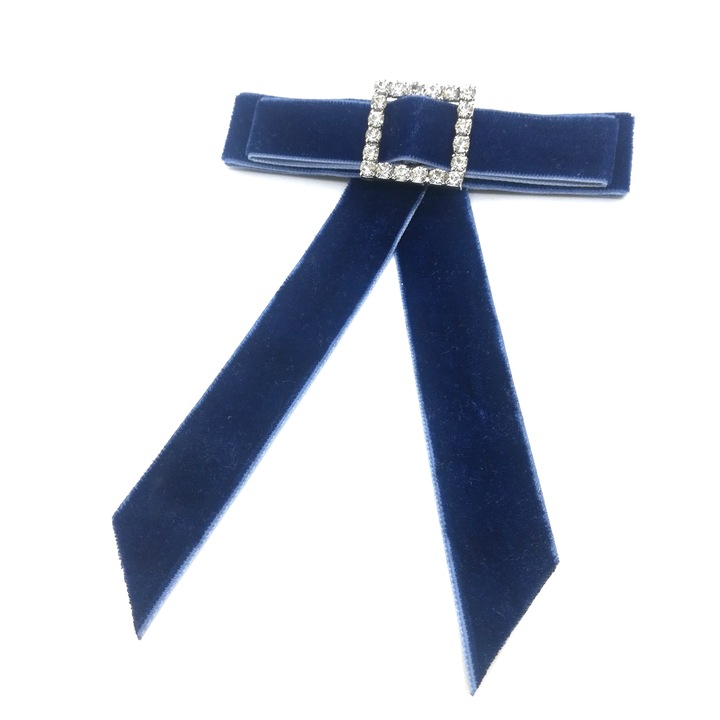 Brosa papion din catifea bleumarin si catarama decorativa cu strasuri