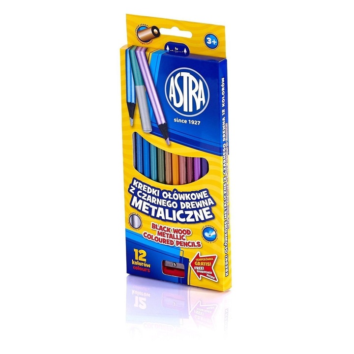Метални цветни моливи, черна дървесина - 12 цвята с острилка Astra