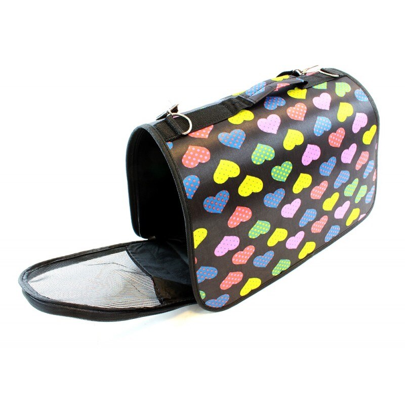 Geanta De Transport Caini Sau Pisici, Pliabila, Baza Rezistenta, Model Negru Cu Imprimeu Inimioare, 45x20x27 Cm
