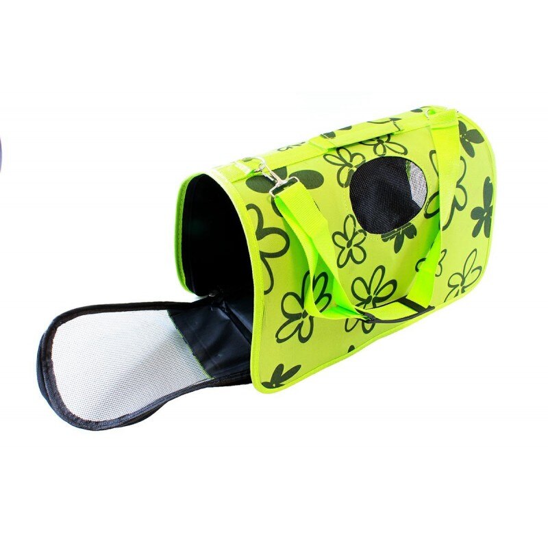 Geanta De Transport Caini Sau Pisici, Pliabila, Baza Rezistenta, Model Verde Cu Imprimeu Flori, 45x20x27 Cm