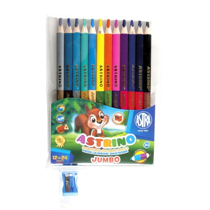 Астрино двустранни моливи джъмбо 12бр, 24 цвята и острилка подарък Astra