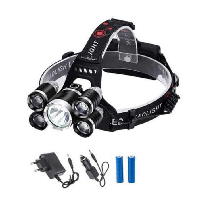Lanterna de Cap cu 5 LED-uri, 30W, 8000 Lumeni, cu ZOOM si Acumulatori inclusi
