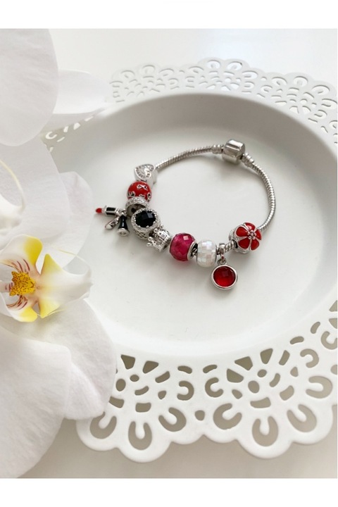 Bratara Charm Rouge placata in 3 straturi cu argint 925, 9 charmuri, 19 cm